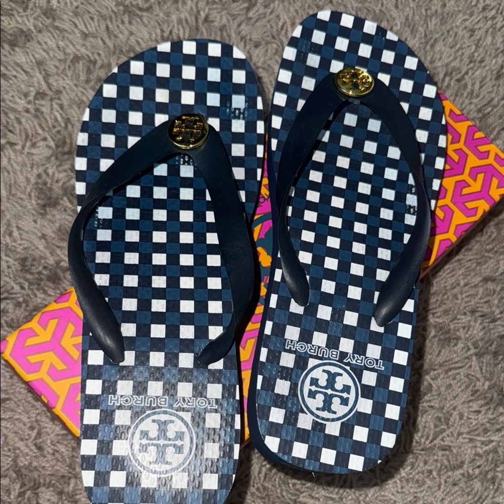 Navy and white gingham Tory Burch flip flops